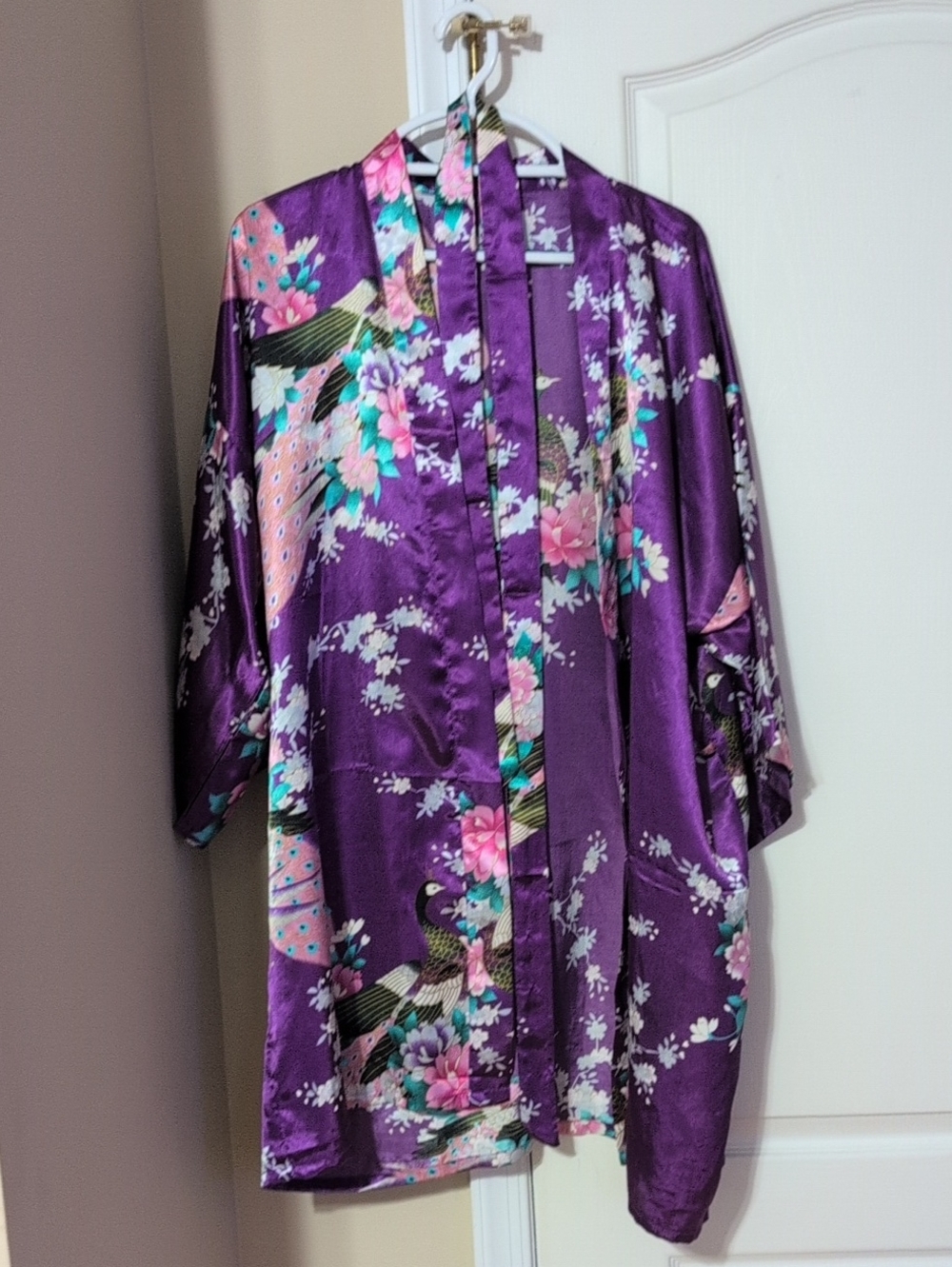 Purple Floral Satin Kimono Robe